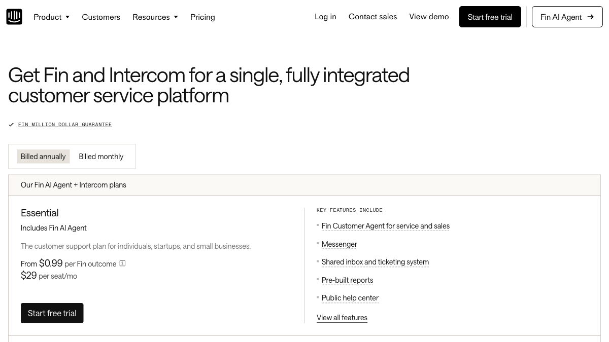 Intercom AI chatbot pricing page showing Fin AI Agent at $0.99 per resolution and Essential plan at $29 per seat per month for 2026