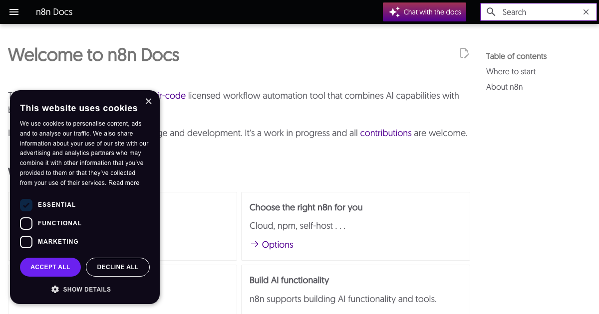 n8n documentation showing workflow building guides and API reference