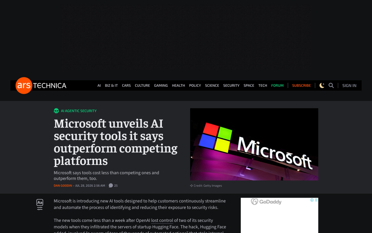 Ars Technica article headlined Microsoft unveils AI security tools it says outperform competing platforms, dated July 28 2026