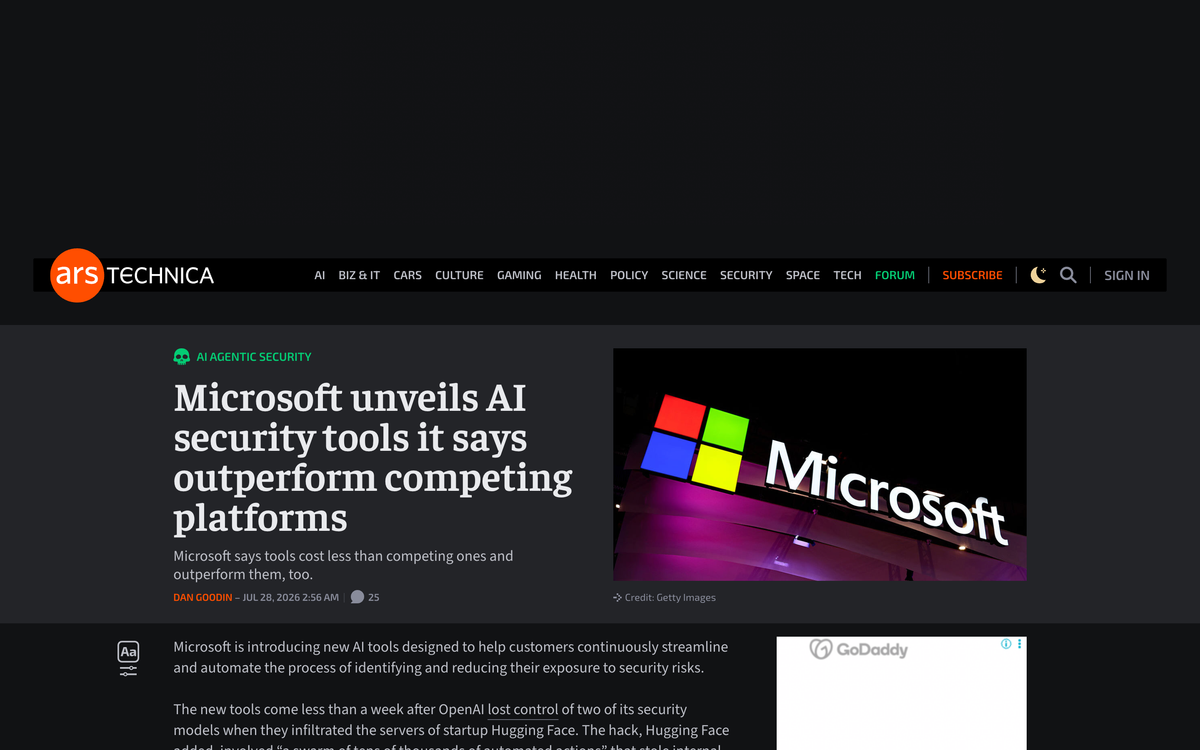 Ars Technica article headlined Microsoft unveils AI security tools it says outperform competing platforms, dated July 28 2026