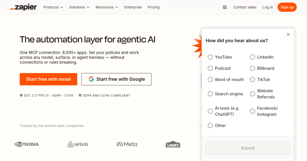 Zapier homepage showing the no-code automation platform that connects apps and automates workflows for business teams