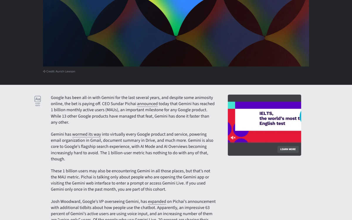 Ars Technica article stating the 1 billion user metric excludes AI Overviews and Gmail, and that using Gemini once in a month counts