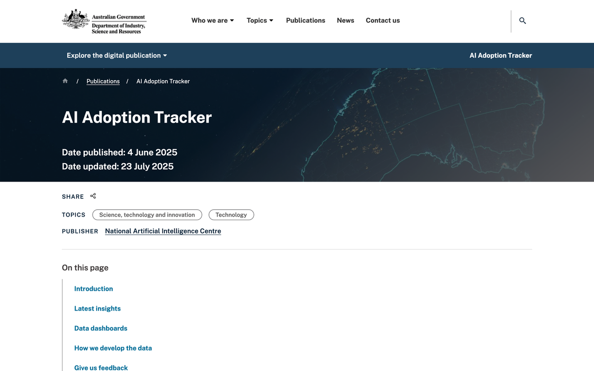 Australian Government AI Adoption Tracker page from Department of Industry Science and Resources showing quarterly AI uptake data for Australian businesses