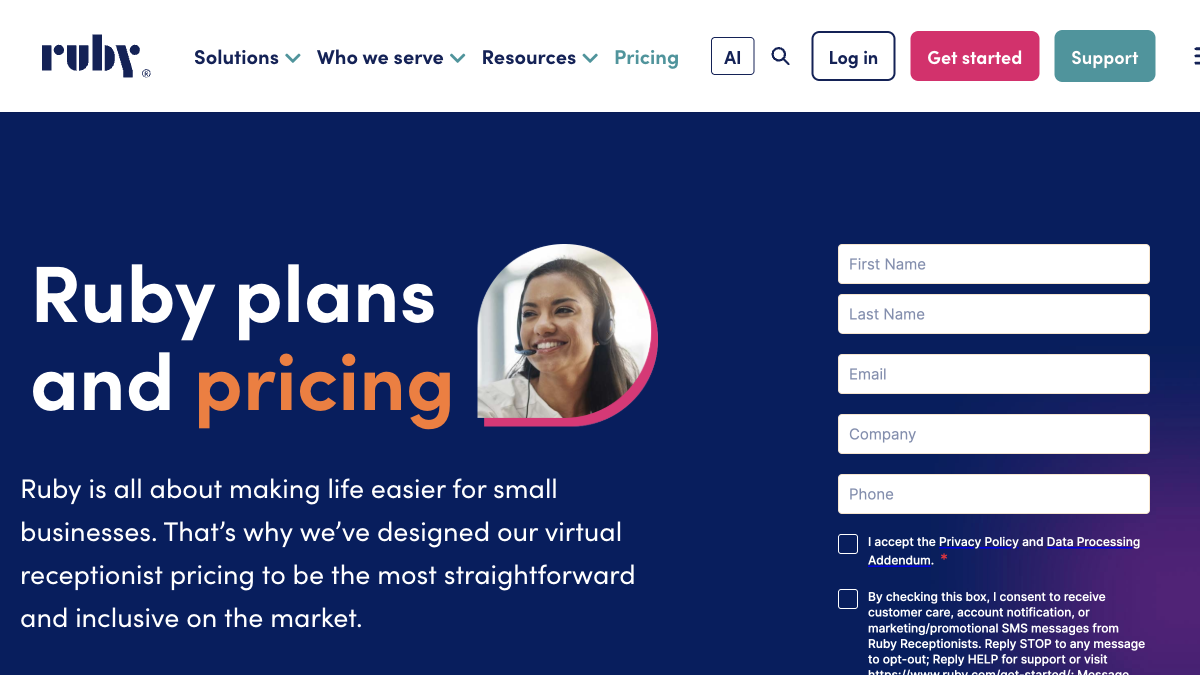 Ruby Receptionists pricing page showing tiered virtual receptionist plans starting at $235 per month