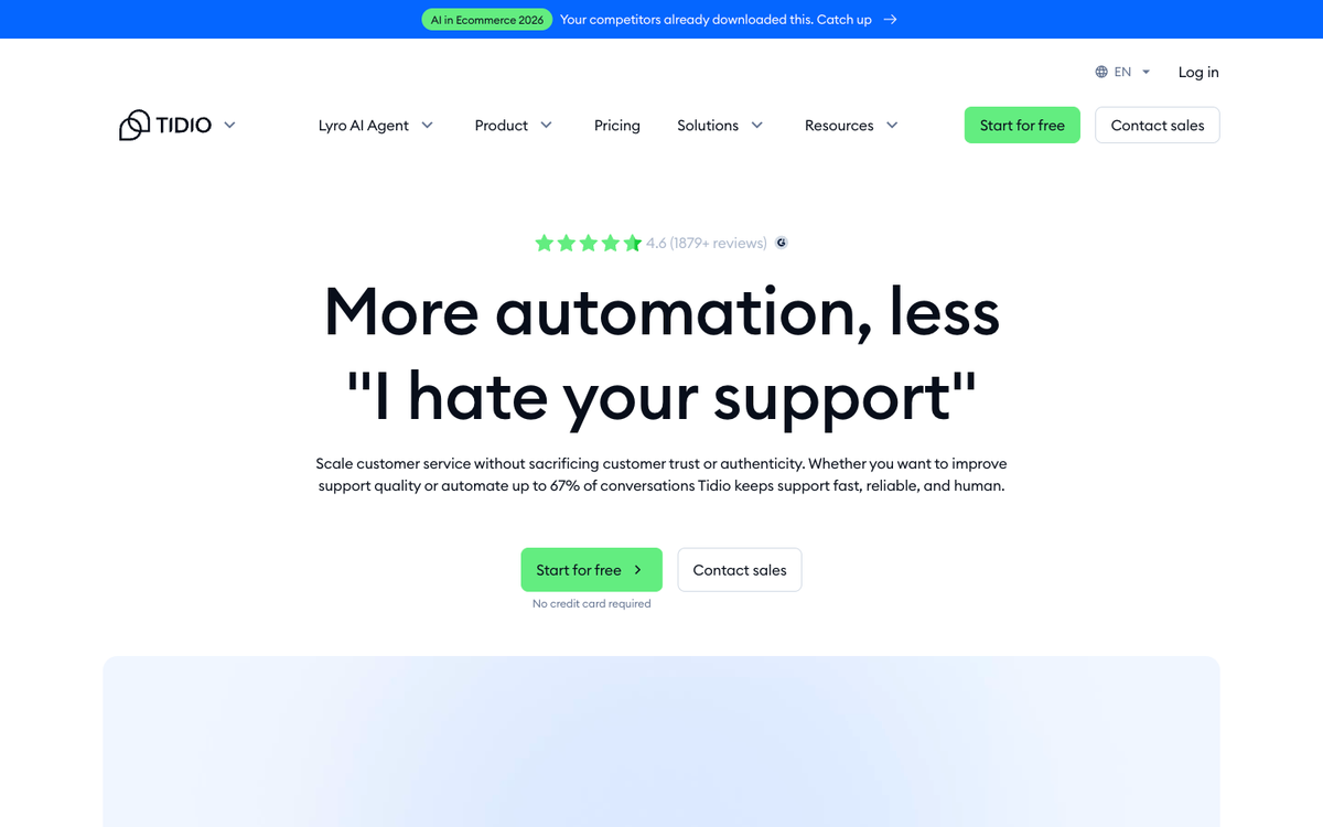Tidio homepage showing live chat with Lyro AI agent integrated for ecommerce customer service