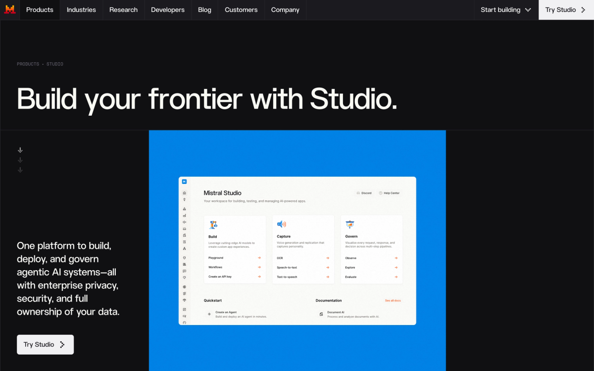 Mistral Studio product page showing Build, Capture and Govern panels, with Govern offering Observe, Explore and Evaluate across multi-step pipelines