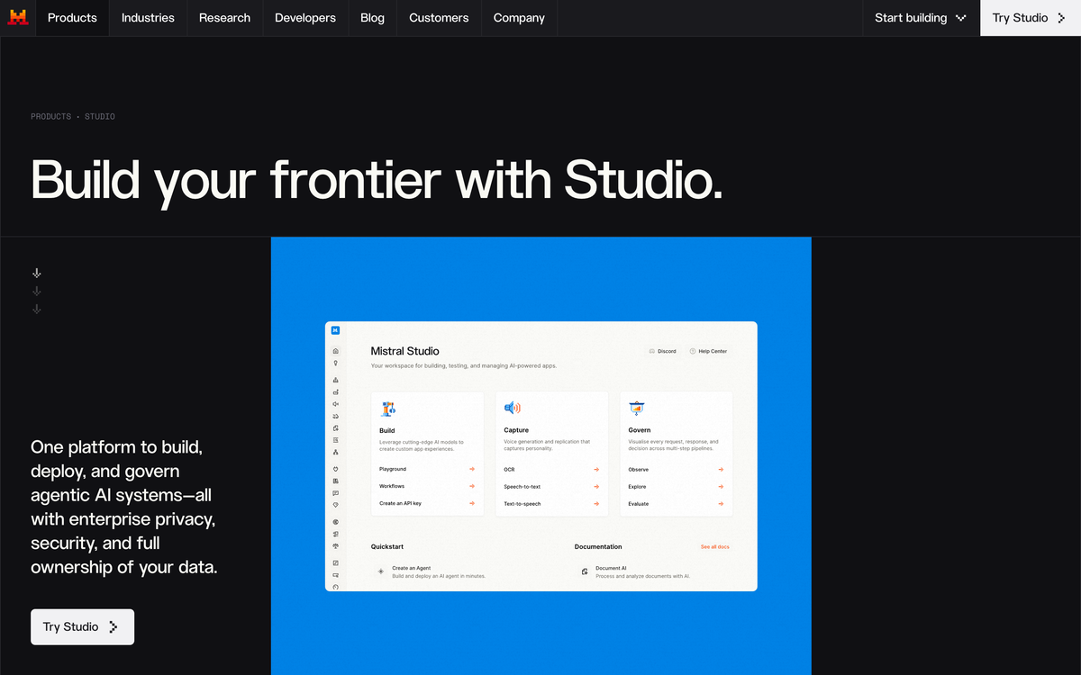 Mistral Studio product page showing Build, Capture and Govern panels, with Govern offering Observe, Explore and Evaluate across multi-step pipelines