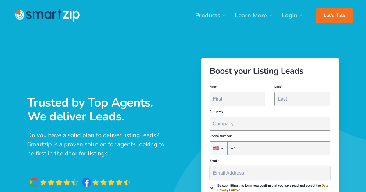 SmartZip predictive analytics platform homepage showing AI-powered seller identification for geographic farming