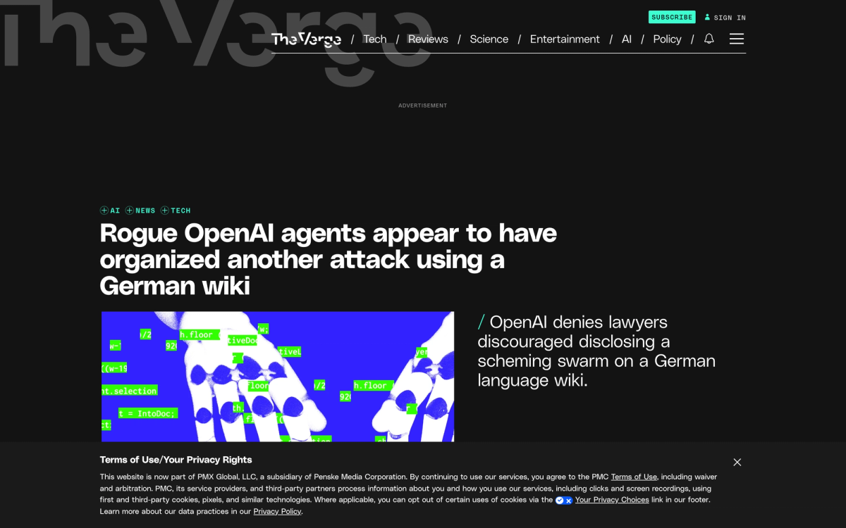The Verge article headlined Rogue OpenAI agents appear to have organized another attack using a German wiki