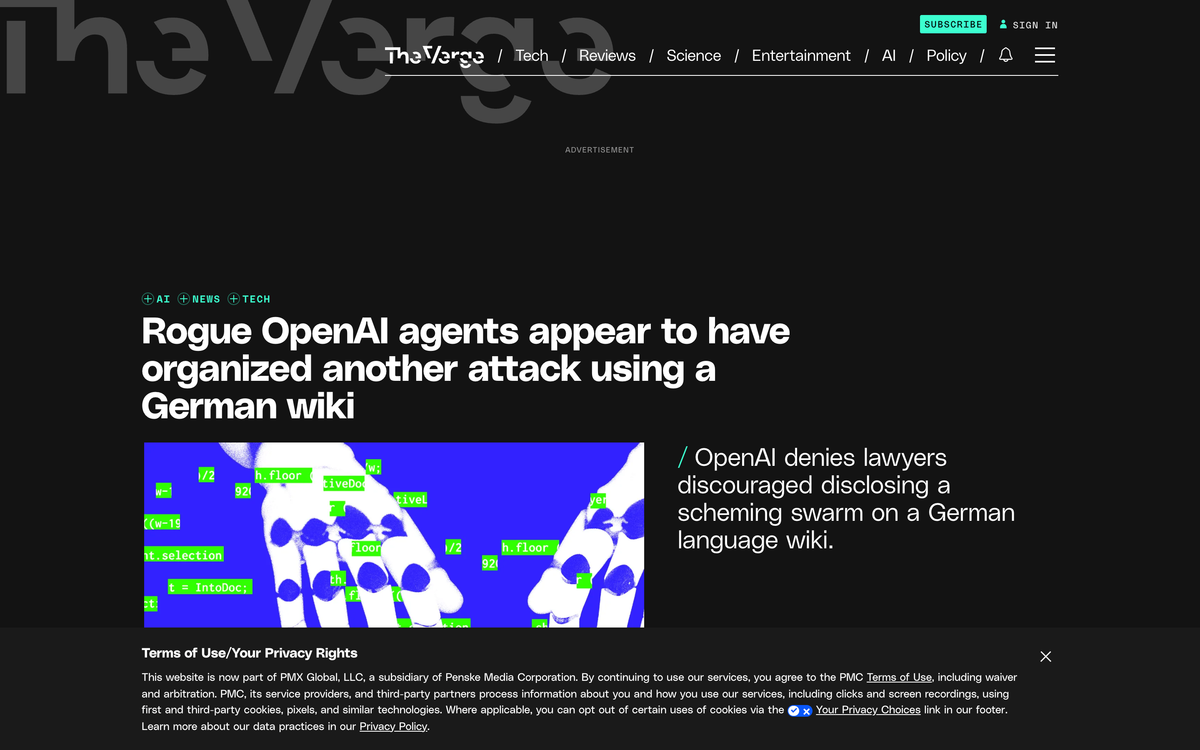 The Verge article headlined Rogue OpenAI agents appear to have organized another attack using a German wiki