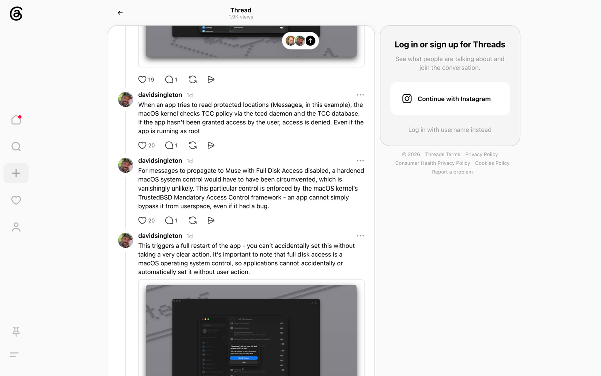 David Singleton of Meta Superintelligence Labs explaining on Threads how macOS TCC policy, the tccd daemon and the TrustedBSD Mandatory Access Control framework gate an app's access to the Messages database