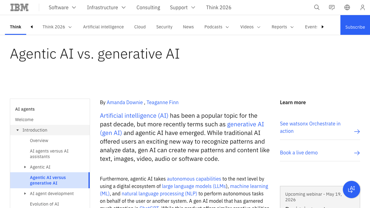 IBM Think topic page titled Agentic AI vs generative AI explaining the difference between the two paradigms