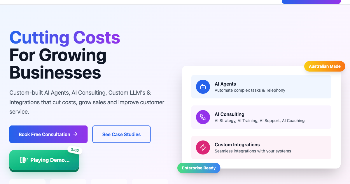 Yes AI Australian AI receptionist homepage showing flat-rate AI phone answering service for Australian small businesses
