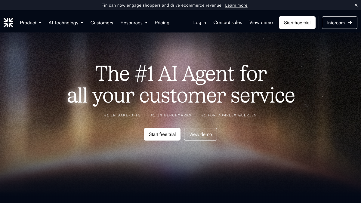 Intercom Fin AI agent homepage showing resolution-based pricing for AI customer service software