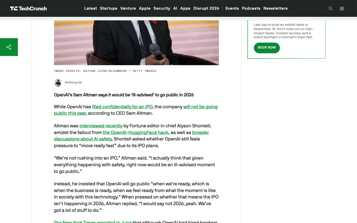 TechCrunch article by Anthony Ha carrying Altman's full quotes about not rushing into an IPO and the ill-advised moment to go public