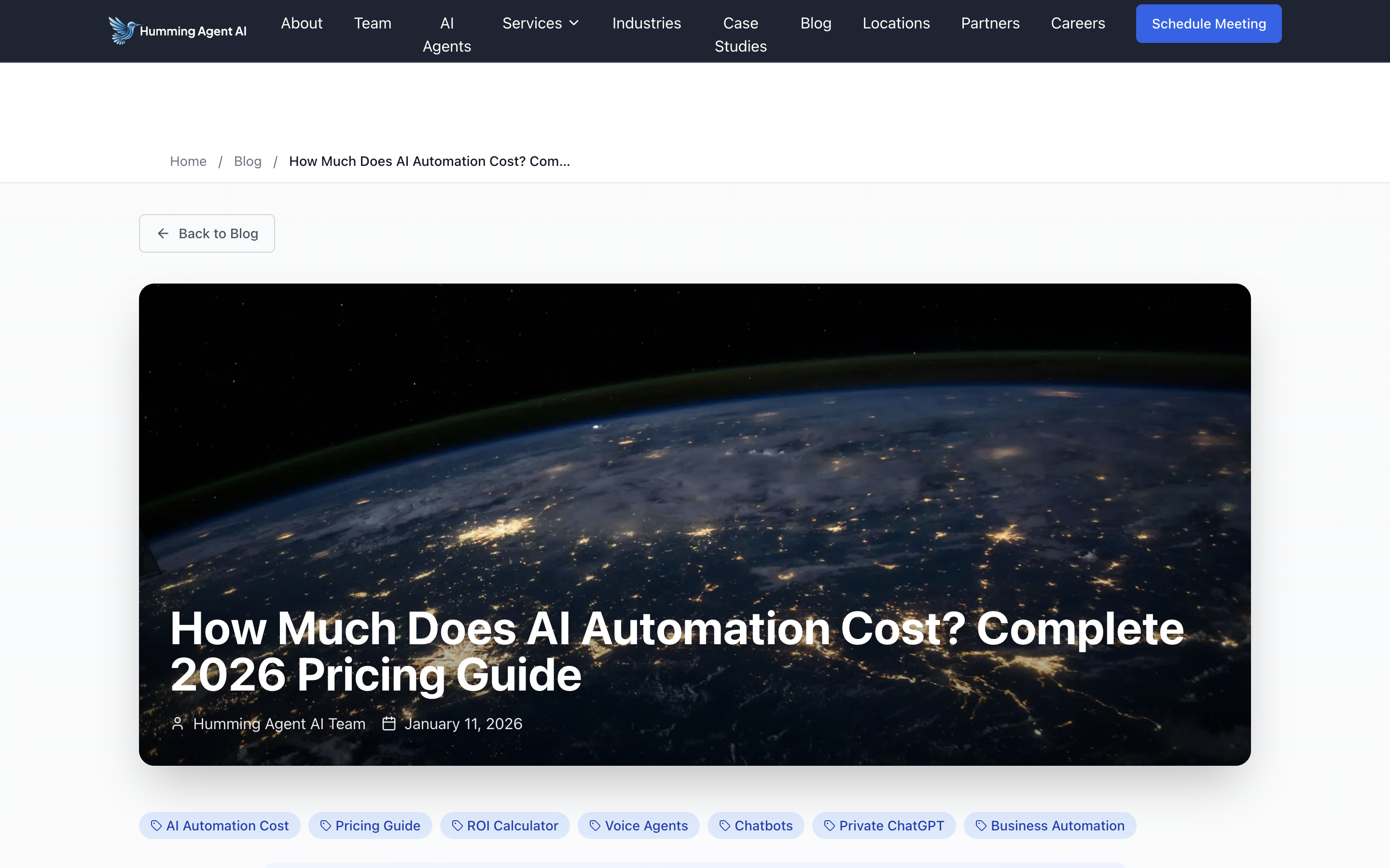 HummingAgent 2026 AI automation cost guide showing project-based and retainer pricing models for AI agency engagements