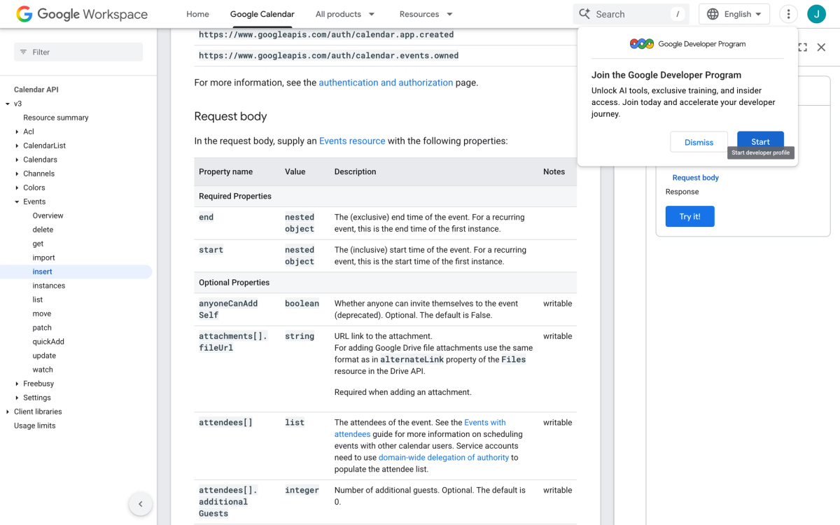 Google Calendar API request body table listing start and end as the only required properties for the events.insert method