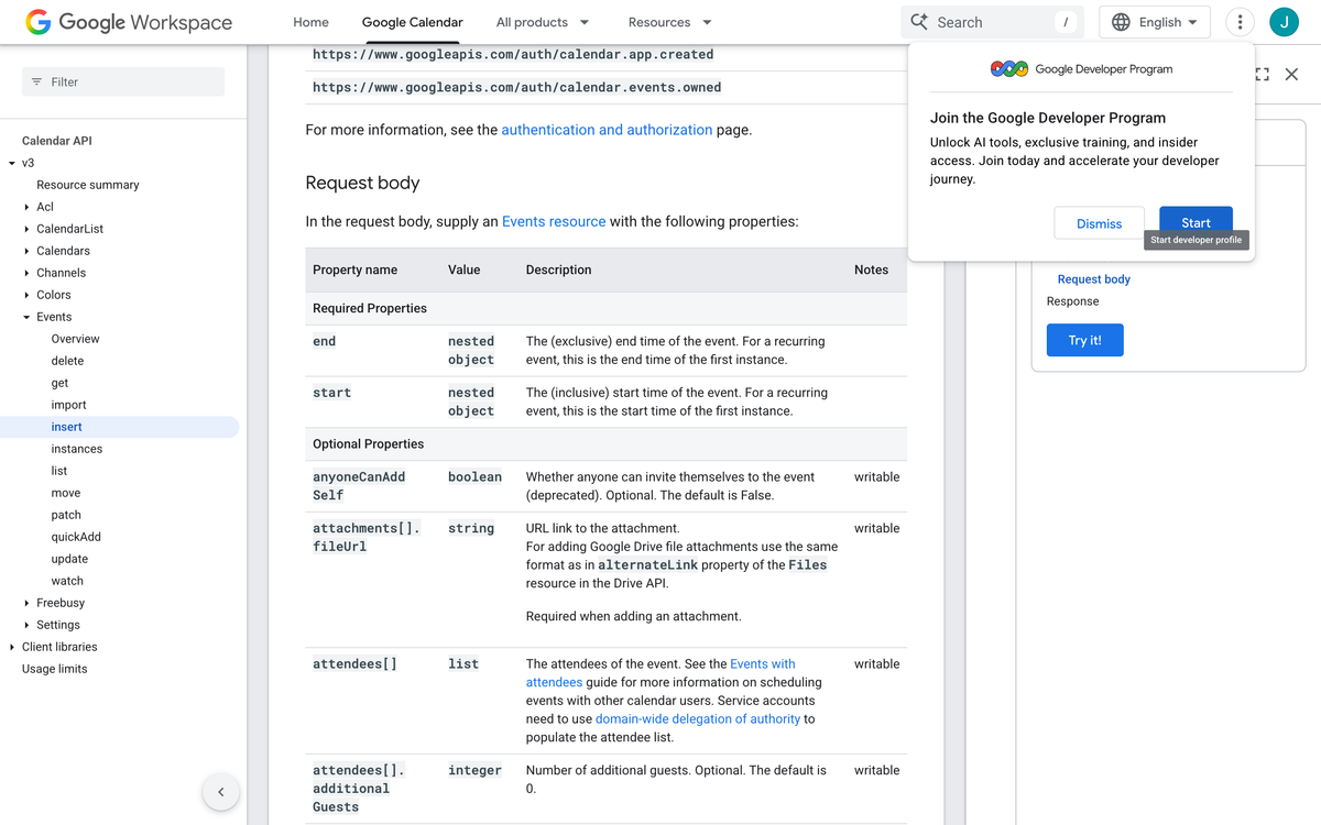 Google Calendar API request body table listing start and end as the only required properties for the events.insert method