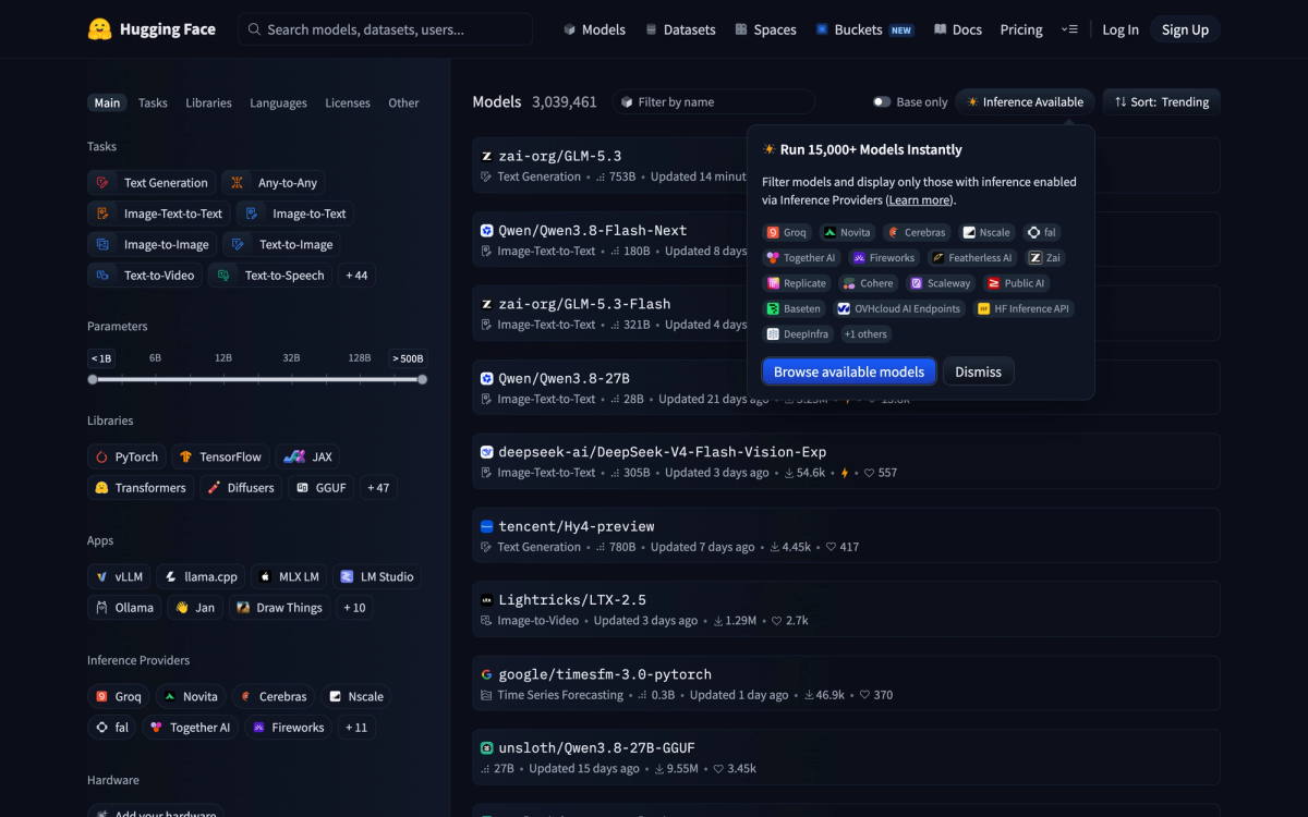 Hugging Face models page showing 3,039,461 models with sidebar filters for libraries including PyTorch, Transformers and GGUF, apps including vLLM, llama.cpp and Ollama, and inference providers including Groq, Cerebras and Together AI