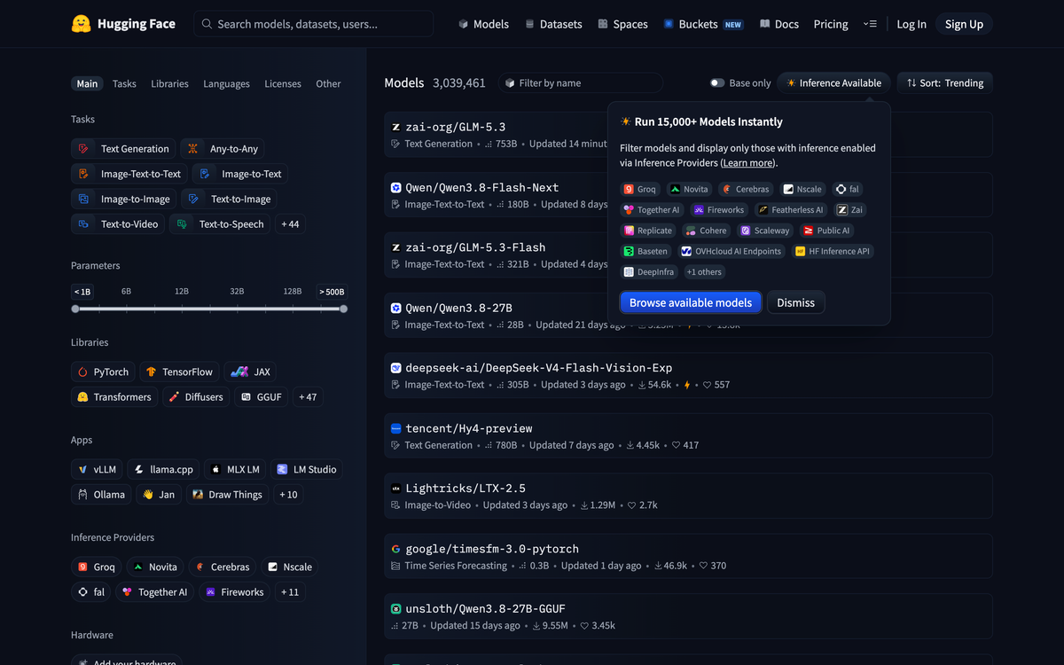 Hugging Face models page showing 3,039,461 models with sidebar filters for libraries including PyTorch, Transformers and GGUF, apps including vLLM, llama.cpp and Ollama, and inference providers including Groq, Cerebras and Together AI