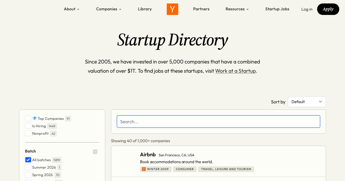 Y Combinator AI startups directory showing funded companies building AI agents
