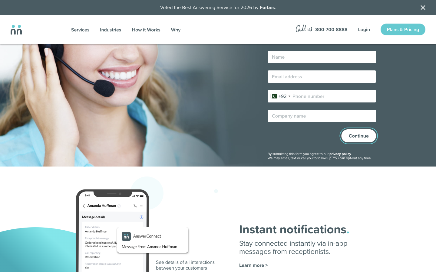 AnswerConnect homepage promoting 24/7 live answering service for small business
