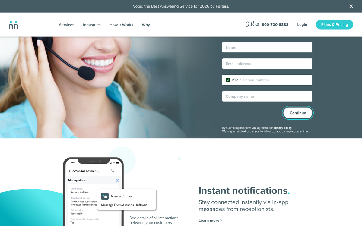 AnswerConnect homepage promoting 24/7 live answering service for small business