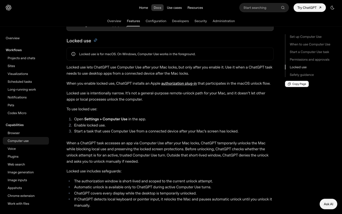 OpenAI Locked use documentation describing an Apple authorization plug-in that participates in the macOS unlock flow