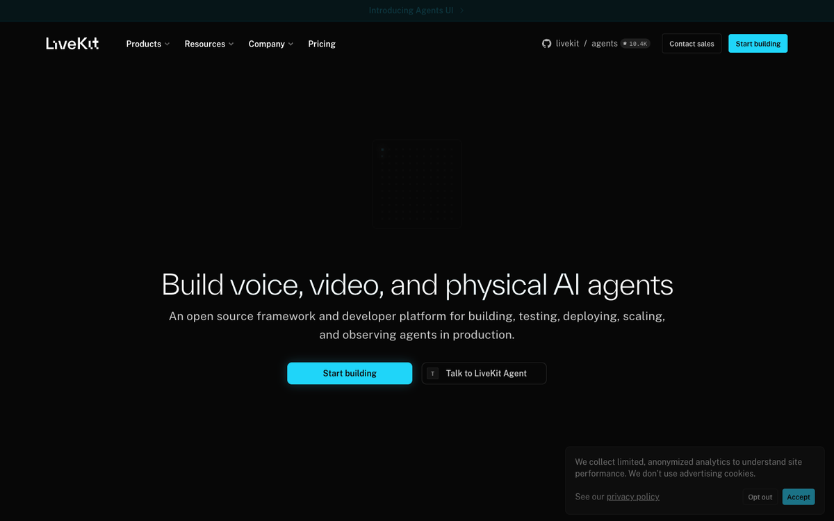 LiveKit homepage: build voice video and physical AI agents, open-source framework