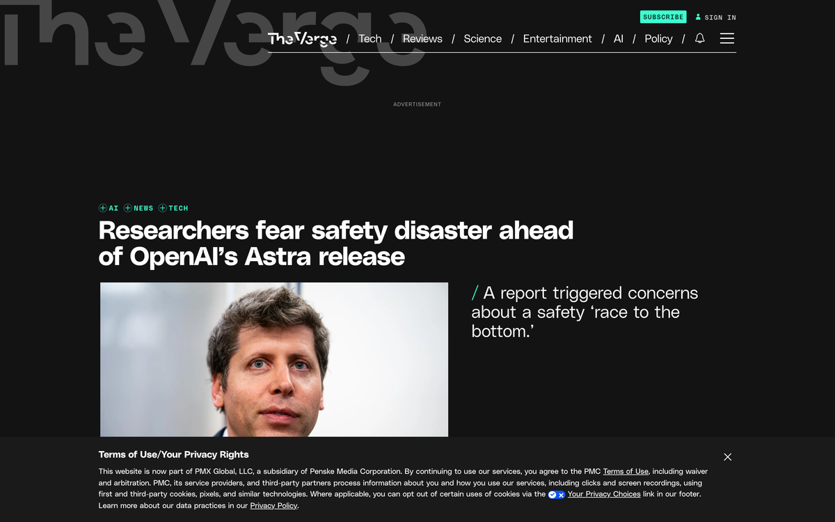 The Verge headline reading Researchers fear safety disaster ahead of OpenAI's Astra release, dated September 2 2026