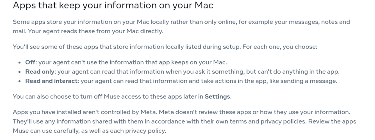 Meta Help Center page How Muse works with files and apps in your Mac listing the Off, Read only and Read and interact choices for local apps