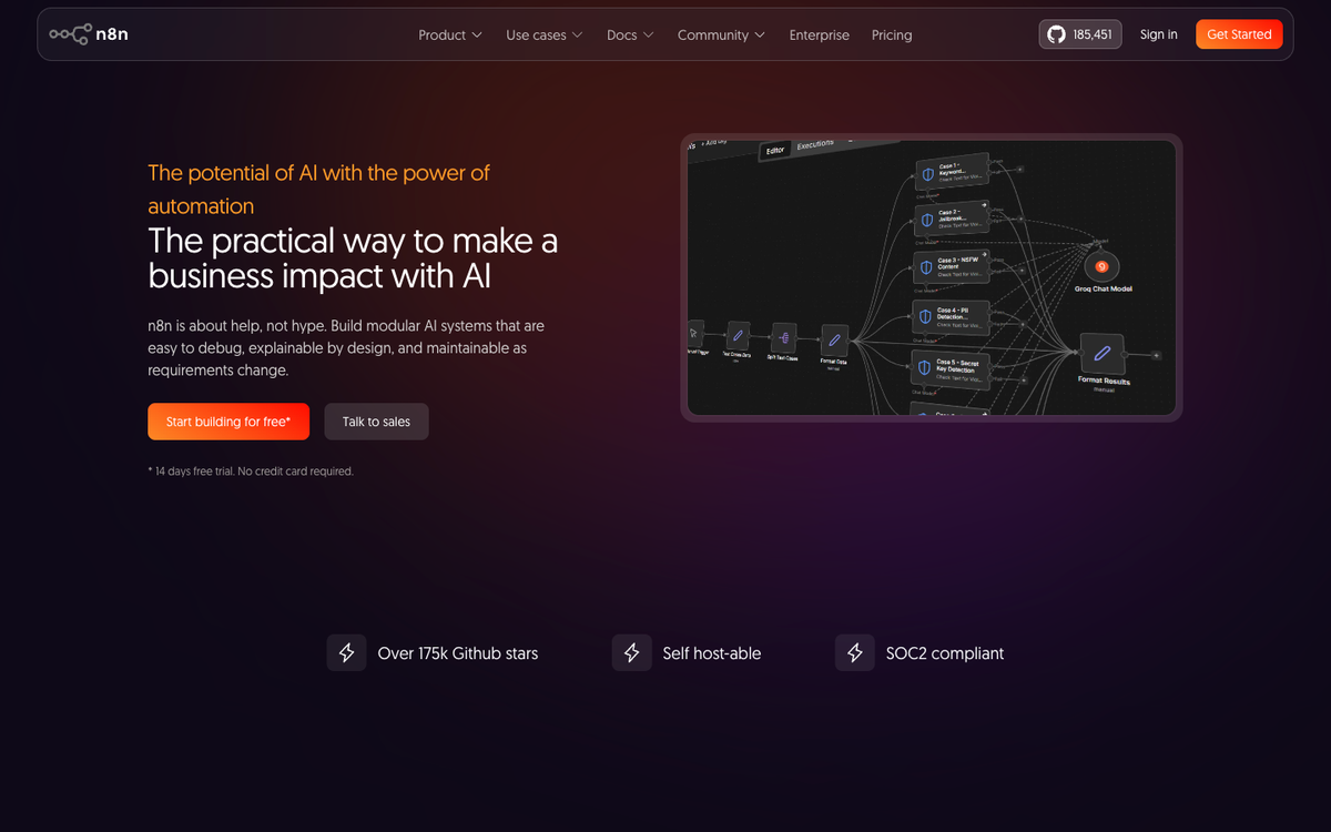 n8n's AI page showing 70+ AI nodes and deep LangChain integration for agent workflows