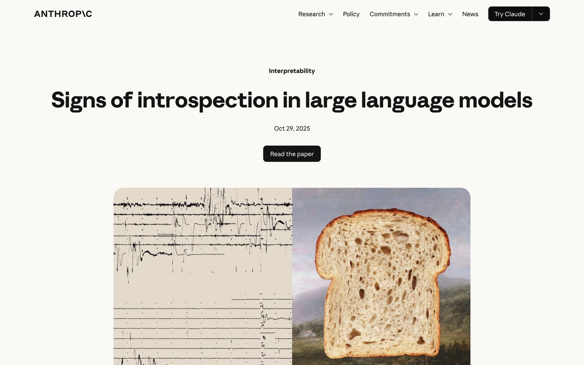 Anthropic's research page titled Signs of introspection in large language models, dated October 29 2025, from the interpretability team
