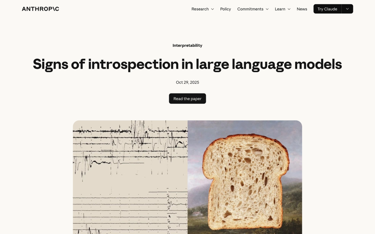 Anthropic's research page titled Signs of introspection in large language models, dated October 29 2025, from the interpretability team