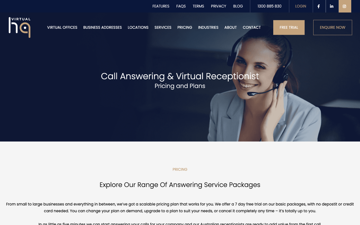 VirtualHQ Australia call answering and virtual receptionist pricing plans page