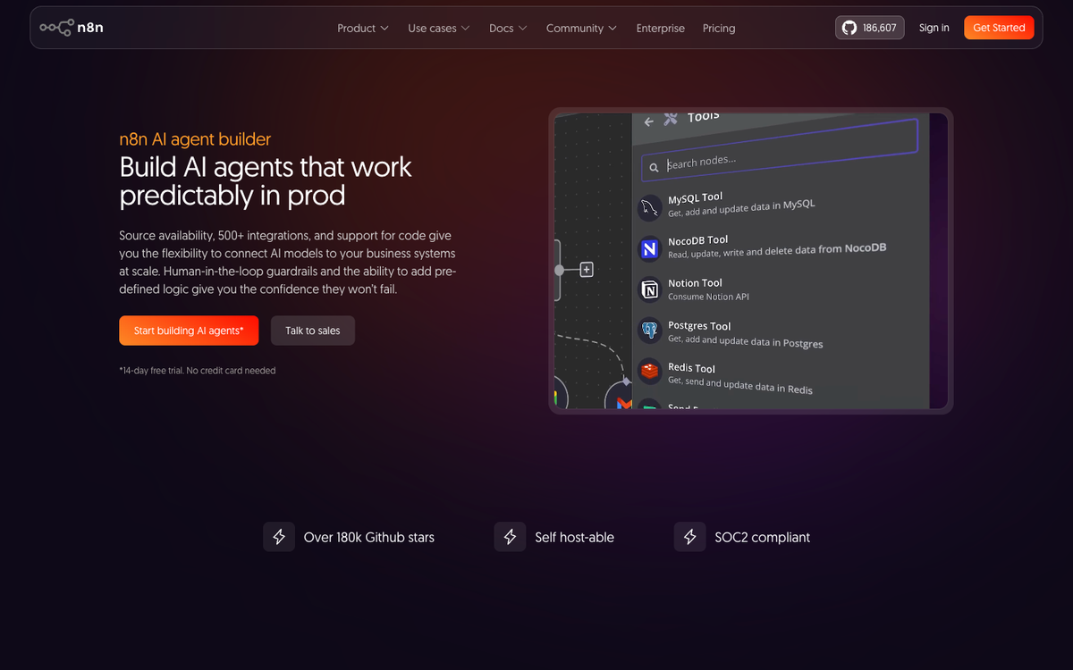 n8n AI Agents page showing the visual workflow builder used to create AI agents with logic and tool access