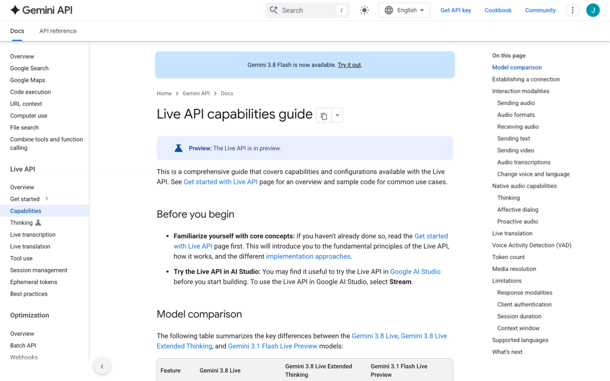 Live API capabilities guide showing a preview banner above the model comparison table for Gemini 3.8 Live and Extended Thinking