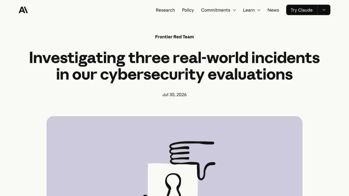 Anthropic Frontier Red Team post titled Investigating three real-world incidents in our cybersecurity evaluations, dated July 30 2026
