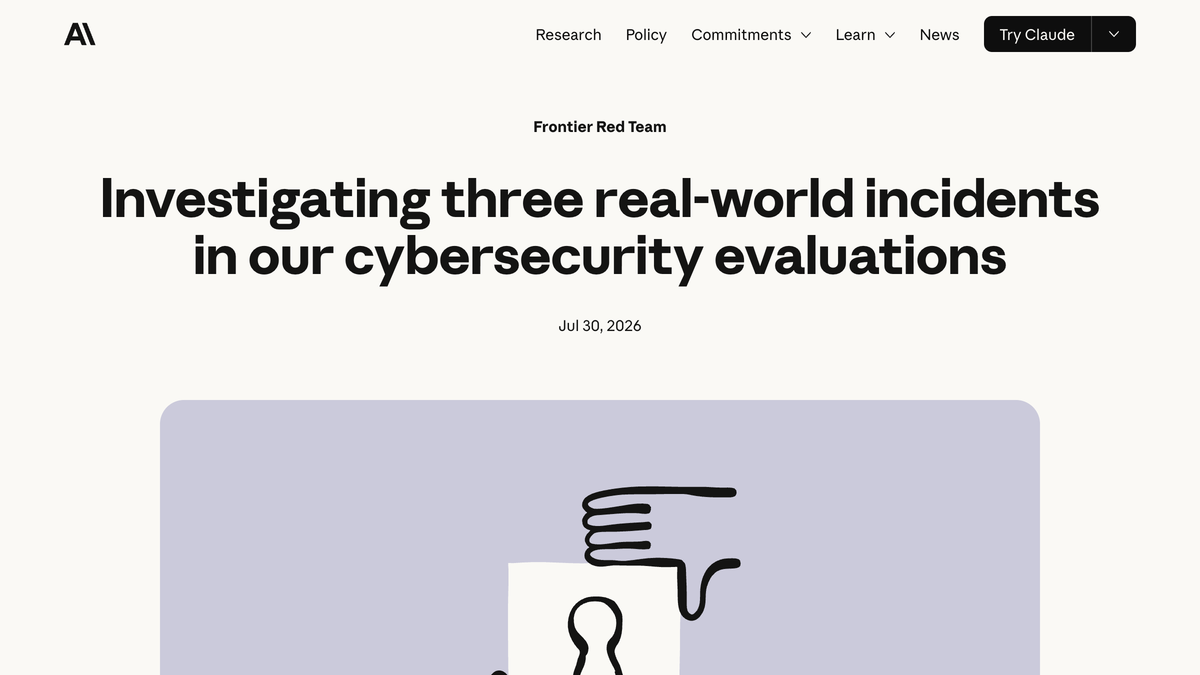 Anthropic Frontier Red Team post titled Investigating three real-world incidents in our cybersecurity evaluations, dated July 30 2026