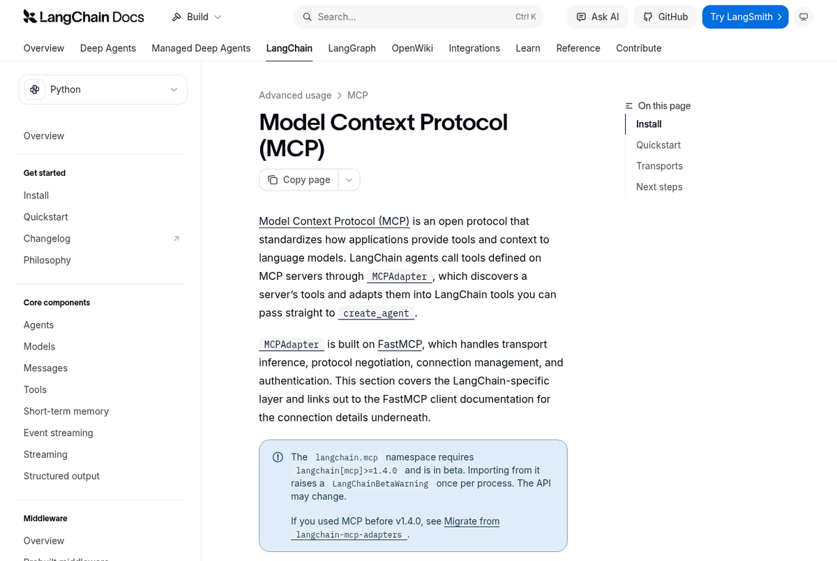 Screenshot of the LangChain docs page Model Context Protocol (MCP) showing MCPAdapter and the langchain.mcp beta note