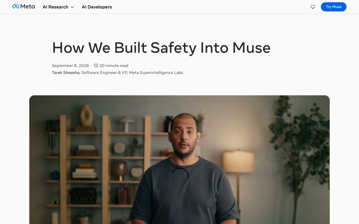 Meta AI Research blog post titled How We Built Safety Into Muse dated September 8 2026 by Tarek Sheasha