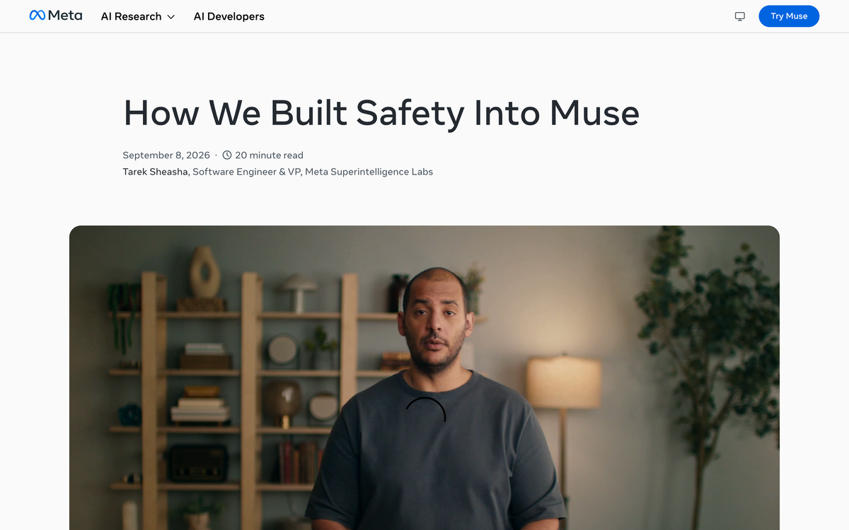 Meta AI Research blog post titled How We Built Safety Into Muse dated September 8 2026 by Tarek Sheasha