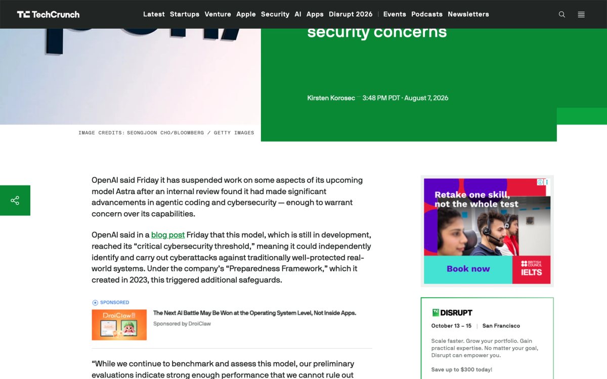 TechCrunch article reporting that OpenAI slowed Astra model development, showing the paragraph defining the critical cybersecurity threshold