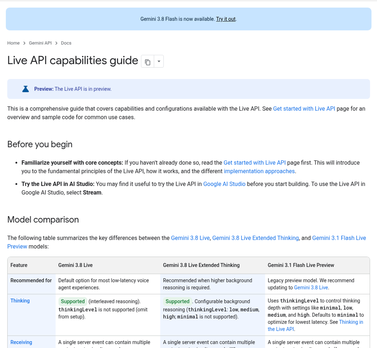 Gemini API Live API capabilities guide on October 9 2026 with a Preview banner above the model comparison table for Gemini 3.8 Live