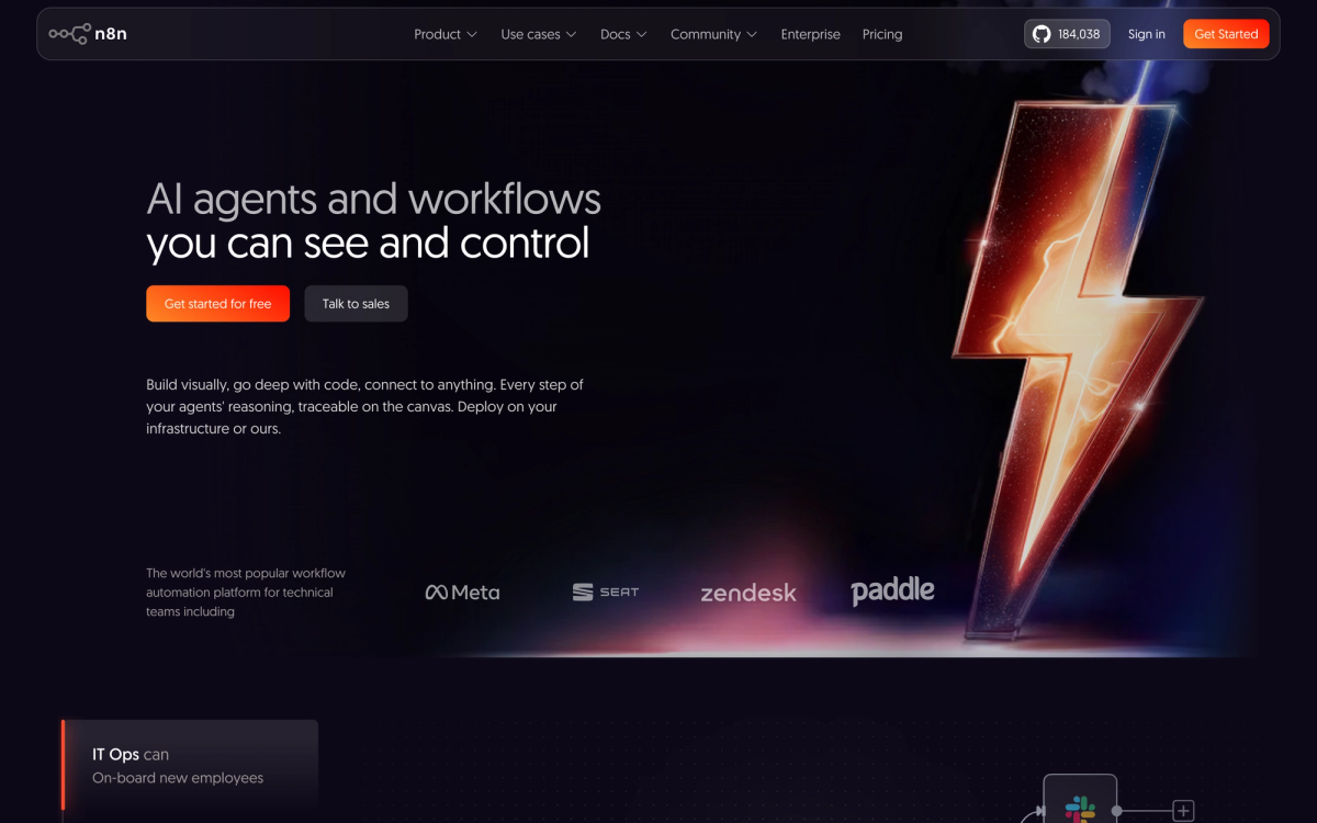 n8n.io homepage showing the open-source workflow automation platform used for complex business integrations