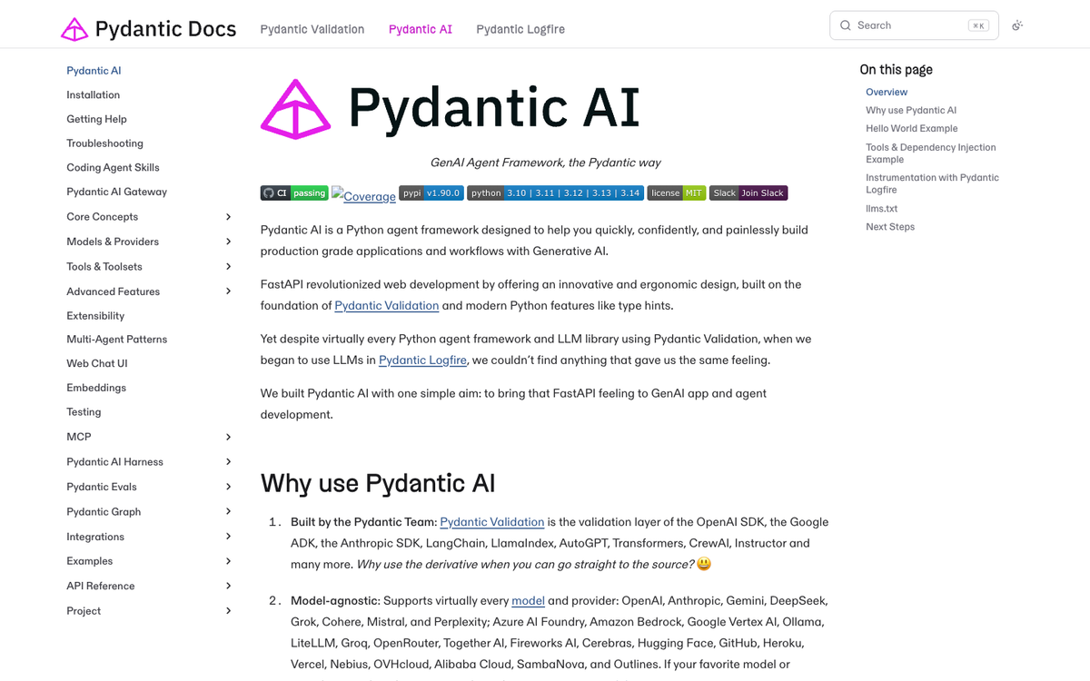 Pydantic AI homepage showing the type-safe Python framework for building AI agents