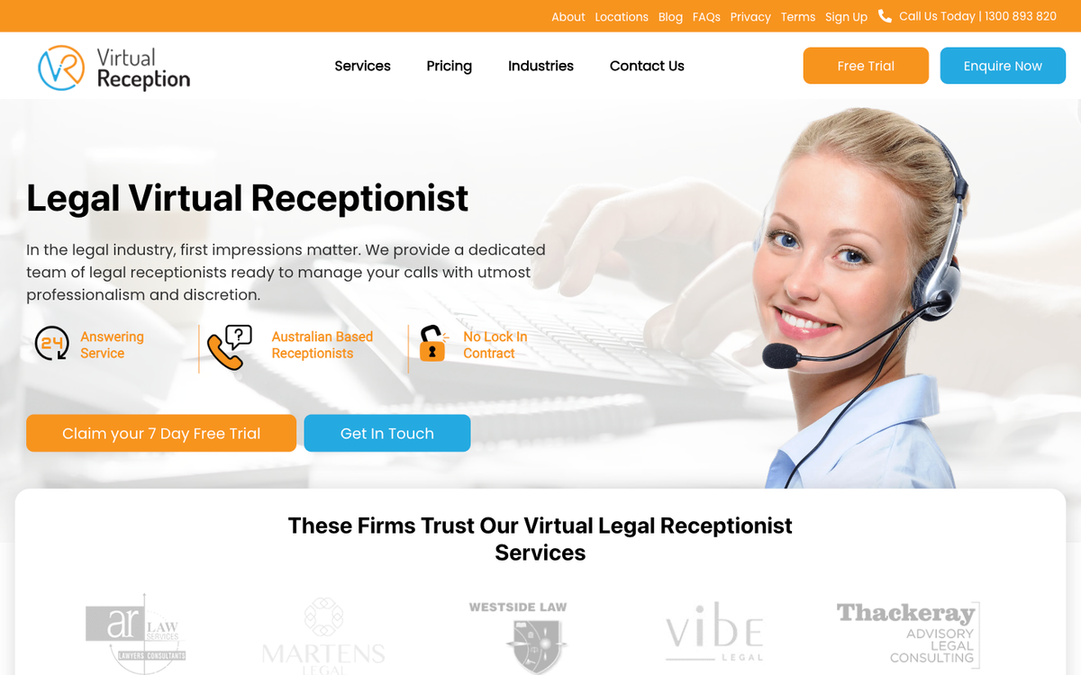 VirtualReception.com.au legal industry page showing human-staffed answering services for Australian law firms with after-hours support