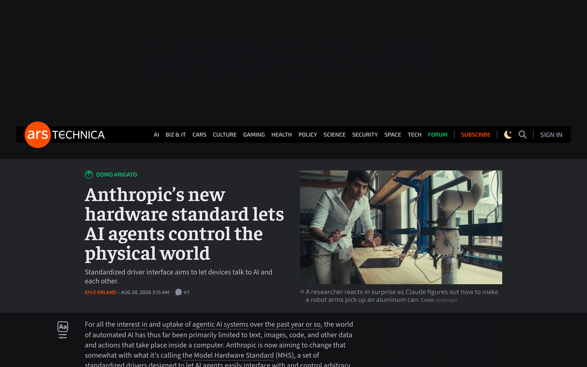 Ars Technica article by Kyle Orland headlined Anthropic's new hardware standard lets AI agents control the physical world, with a photo of a researcher watching a robot arm