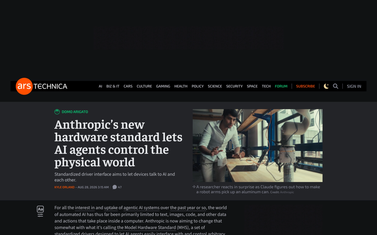 Ars Technica article by Kyle Orland headlined Anthropic's new hardware standard lets AI agents control the physical world, with a photo of a researcher watching a robot arm