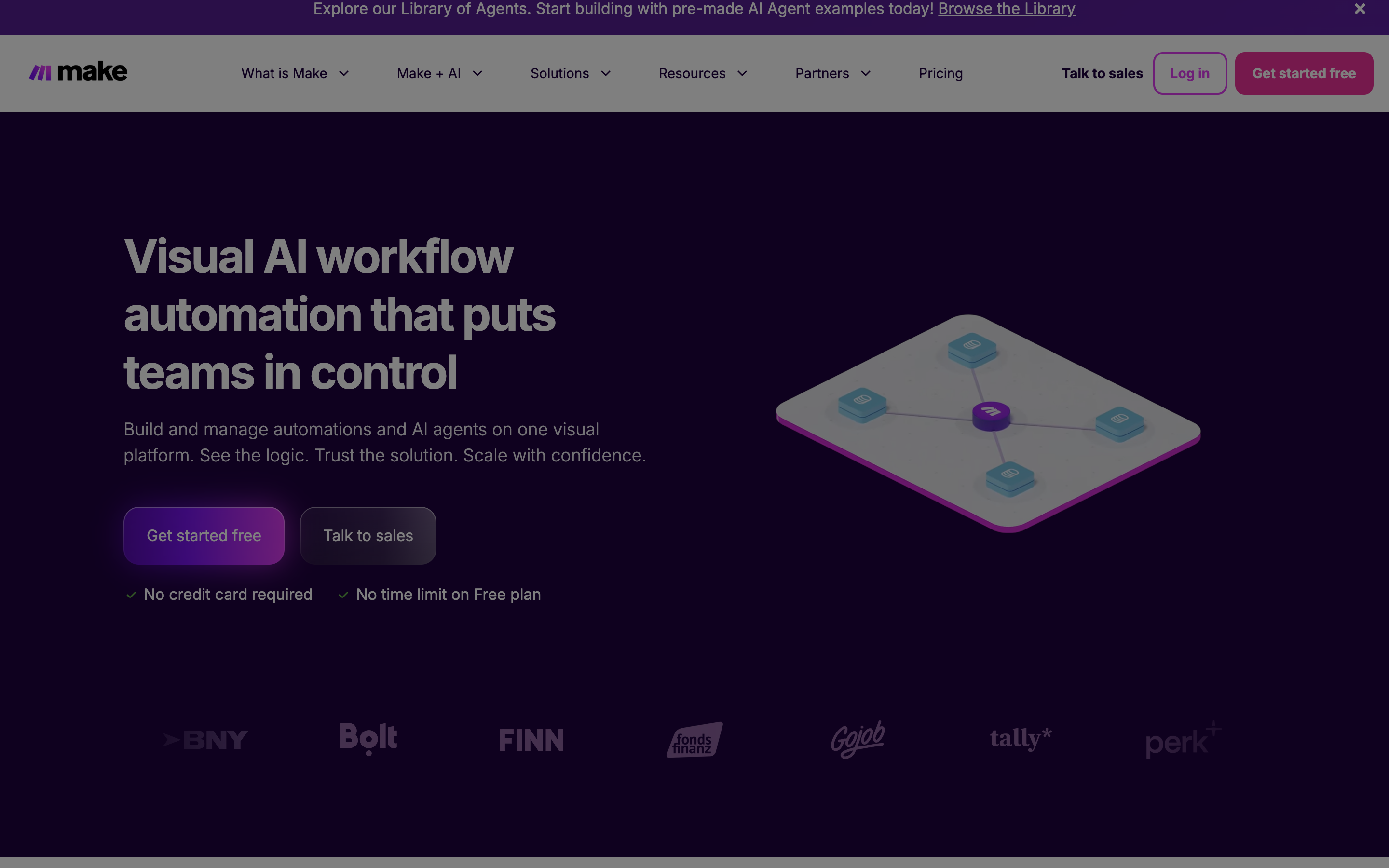 Make.com homepage showing the visual workflow automation canvas for connecting business apps without code